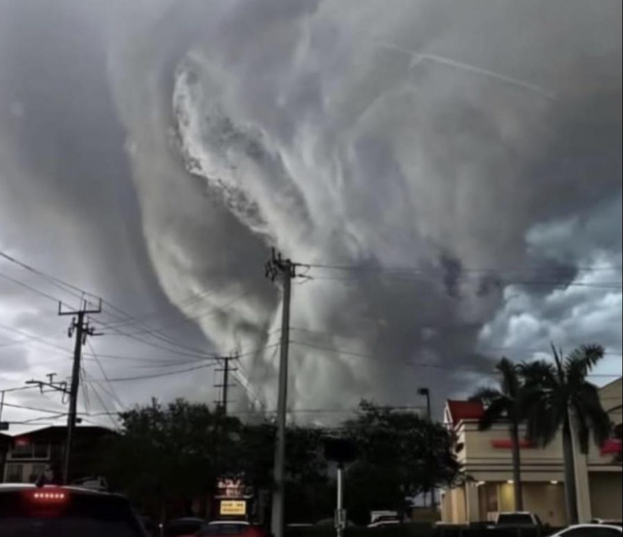 A towering tornado looms over a shopping center as panicking cars attempt to evacuate the area. Tornadoes like these spawned over various parts of Florida as a direct result of Hurricane Ian. 
Photo Donated by: Valerie Questell
