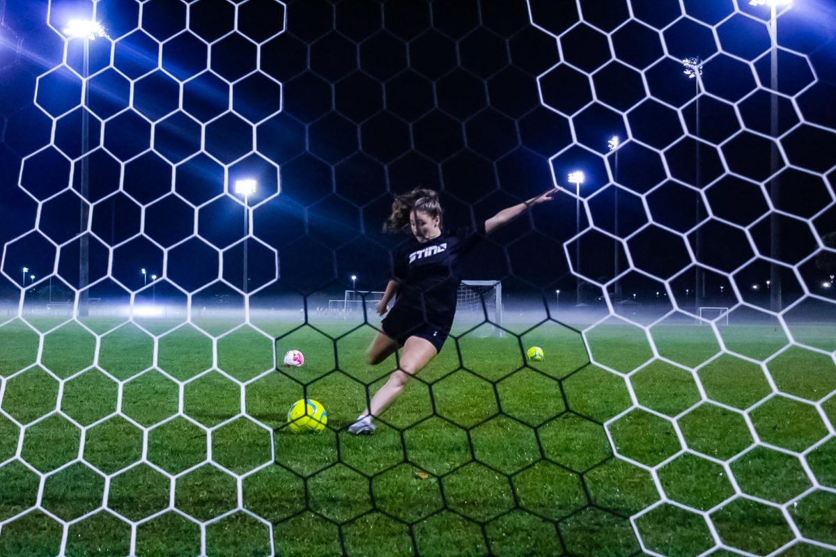 Senior Madison Martone delivers a swift blow to the ball, delivering a powerful goal. Martone has been playing for the Lady Jags since her freshman year, and now leads the team with the highest goal-scoring average.