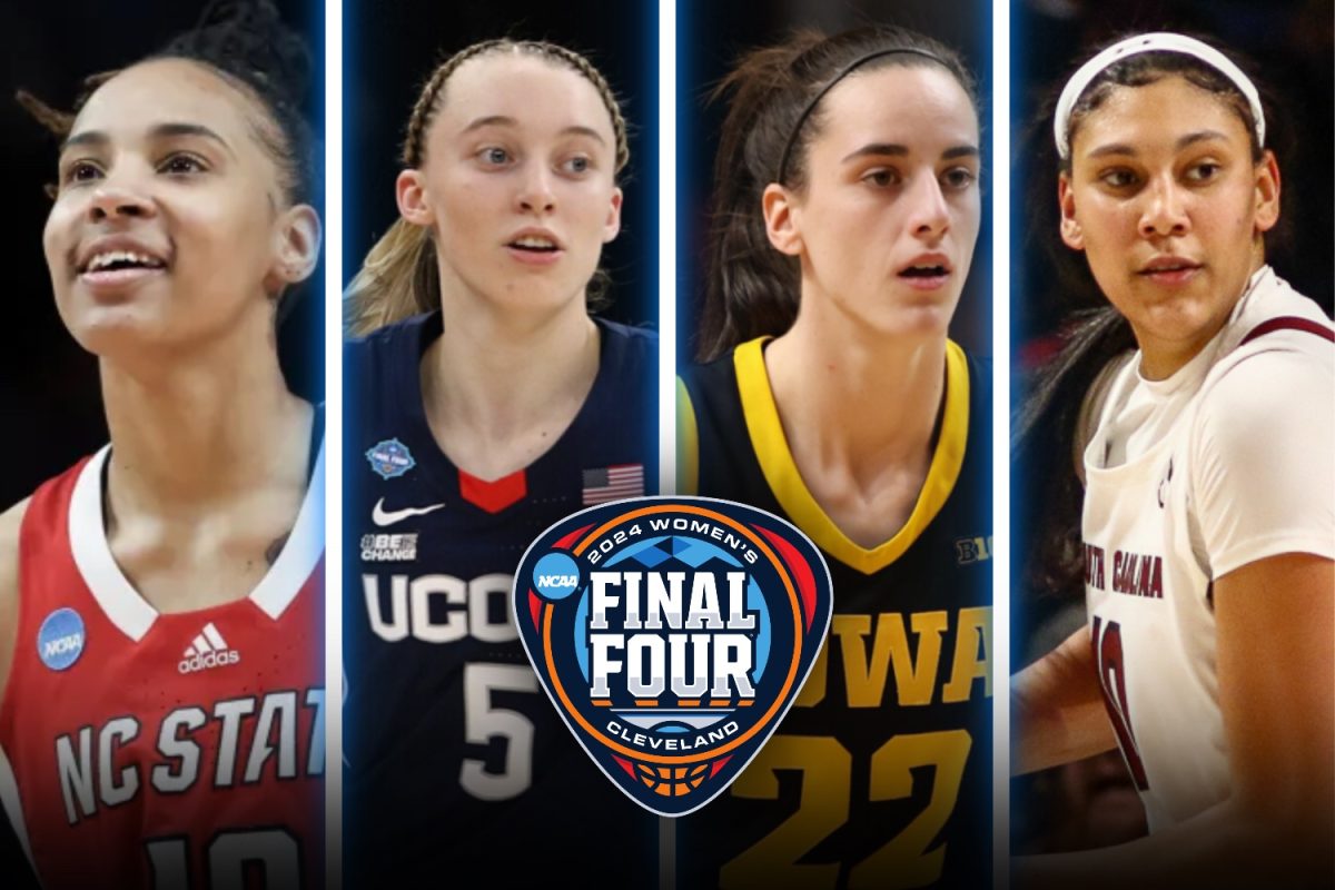 Prominent+women+college+basketball+players.+%28From+left+to+right%29+Aziaha+James%2C+Paige+Bueckers%2C+Caitlin+Clark%2C+Kamilla+Cardoso.+