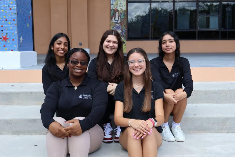 The founding members of the newly created Journalism Honor Society: Lizbeth Manoj, Erioluwa Fatimilehen, Jocelyn Roldan, Janeyliz Baez, and Lian Lee (left to right). 
