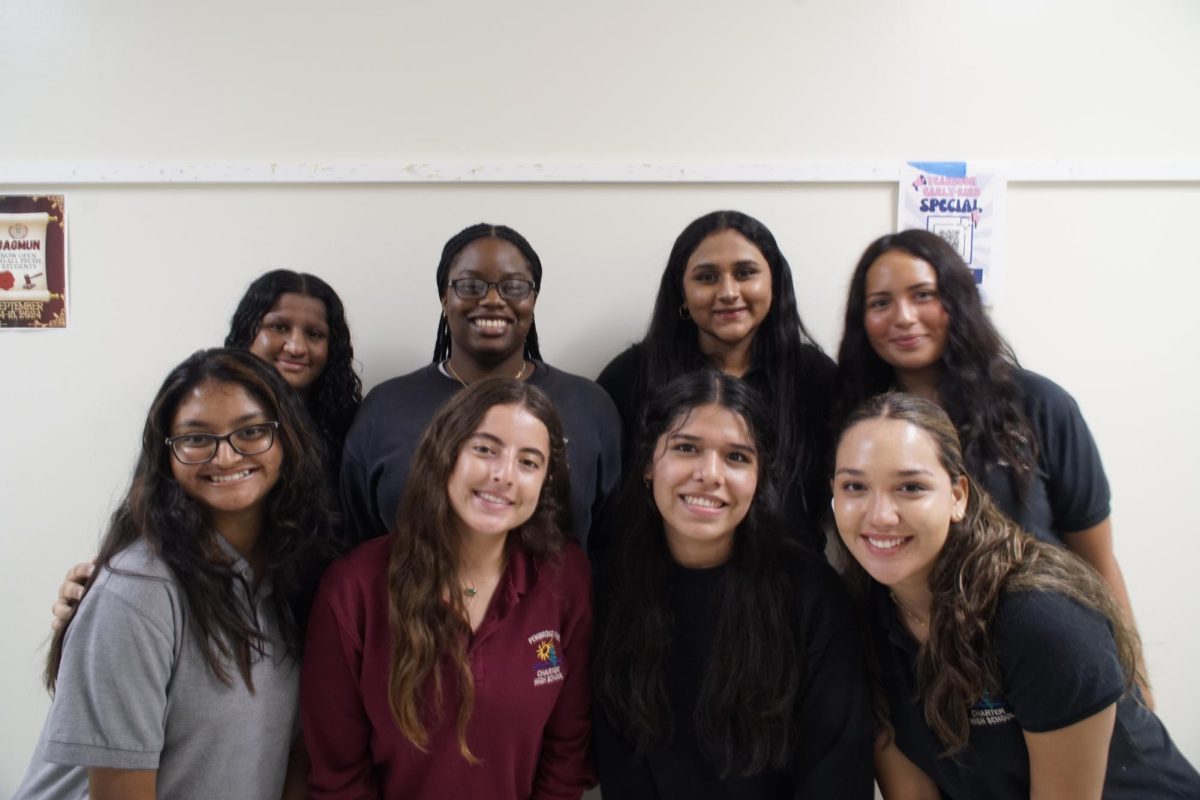 The board members of the newest club at PPCHS: the American Red Cross Club: Divyyashree Sathiaseelan, Catalina Castro, Isabella Serrano, Angelicamaria Diaz, (left to right, first row), and Areeba Haq, Erioluwa Fatimilehin (the president), Sneha Mathews, and Ciara Epstein. 
