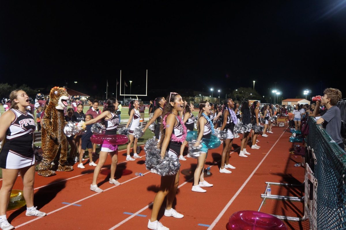 Cheerleaders take formation at a PPCHS football game. Cheerleaders on the bottom prop up others into the air for their routine, demonstrating their skill. 