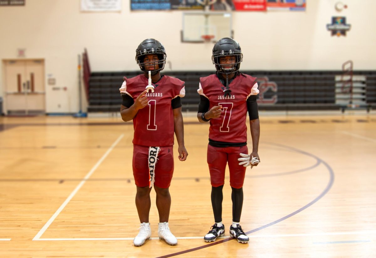 Junior live streamers and Varsity Football players: Josiah Knight [left] and Jahsai Juste [right] posing together for a picture before their home game against North Miami High School on Friday, September 12th.