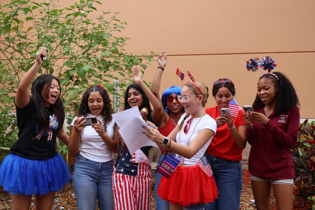A group of AP Gov students cheers as they recite an article. Each have added a special touch to their American-themed outfit, like tulle skirts or headbands.
Photo by: Amaya Jorge