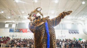 PPCHS mascot Jaggy shows off his school spirit in the gym before Pep Rally.