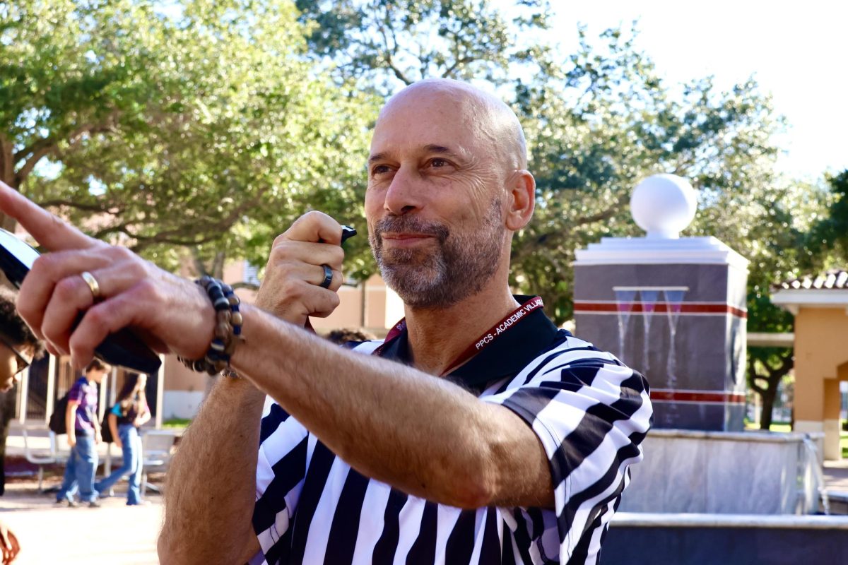In true Mr. Bayer fashion, the PPCHS principal dressed up as a referee, overseeing all of his sportswear-clad students.
