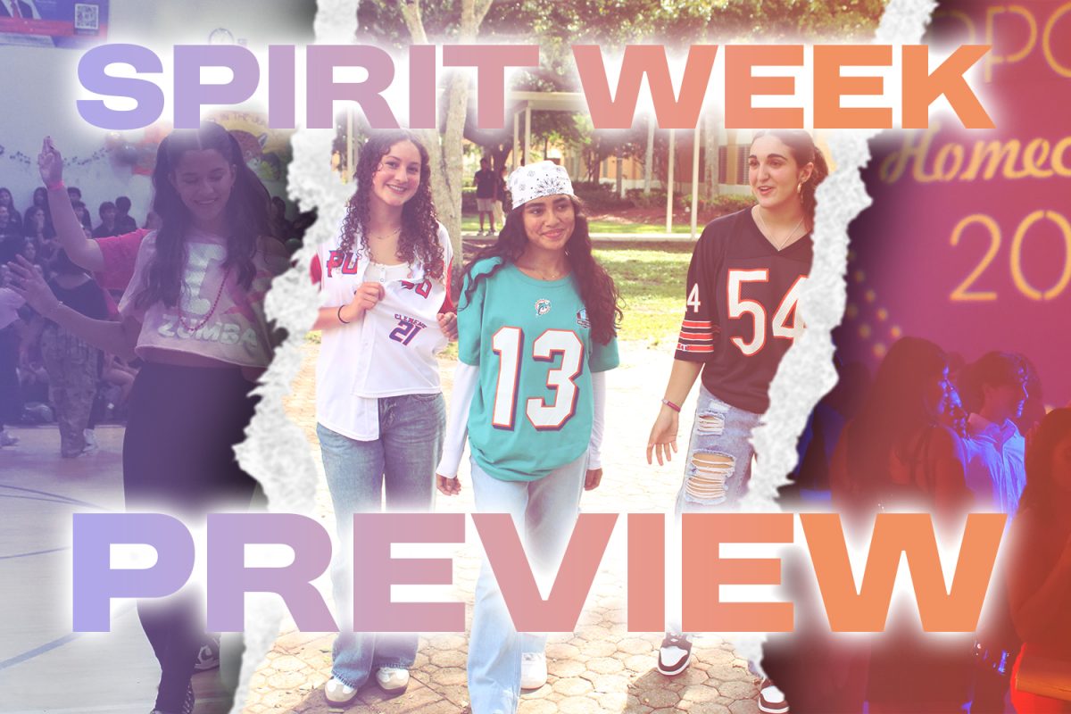 A collage titled "Spirit Week Preview" shows PPCHS students participating in past Spirit Week events, including Pep Rally, a sports-themed day, and Homecoming. Graphic uses fonts from dafont.com and paper tear effects from vecteezy.com