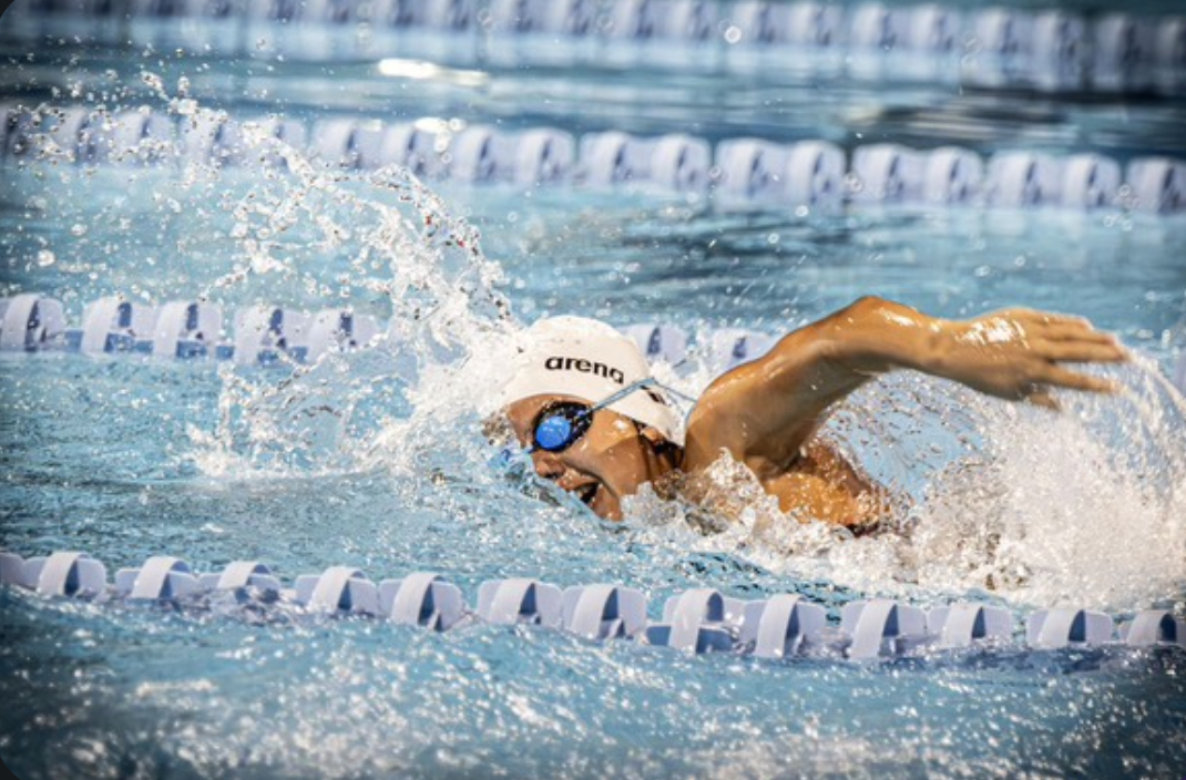 Senior Giada Porven racing to the finish line to attempt to secure a Jaguar victory while at a swim meet on Wednesday, September 24th against Dillard High School, Everglades High School, and West Broward High School.