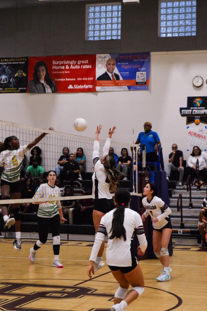 Senior Eva Sofia Hanson blocking the spike from #5 on Nova High School's volleyball team.