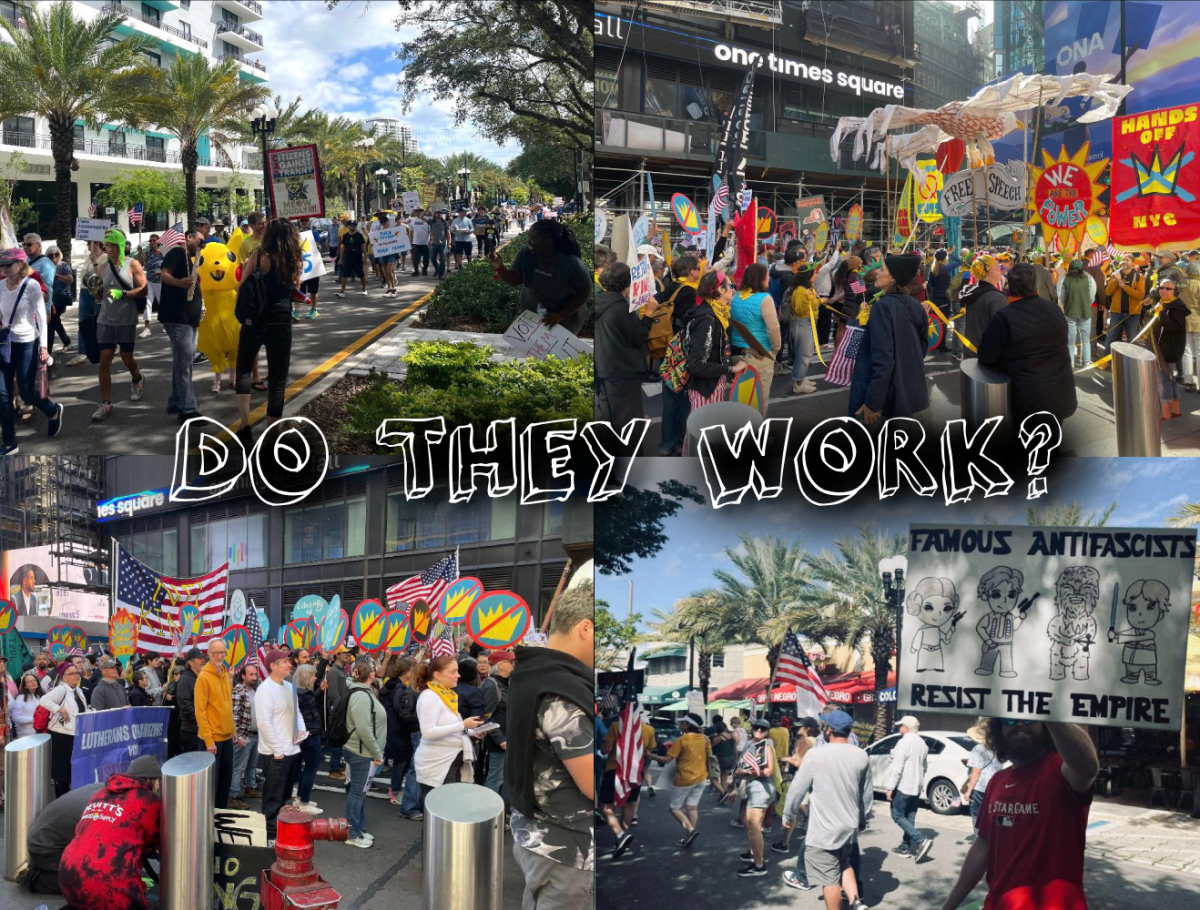 Four photos from the New York City and Miami No kinds protests, featuring different posters, action, and groups of multiple citizens to bring more awareness.