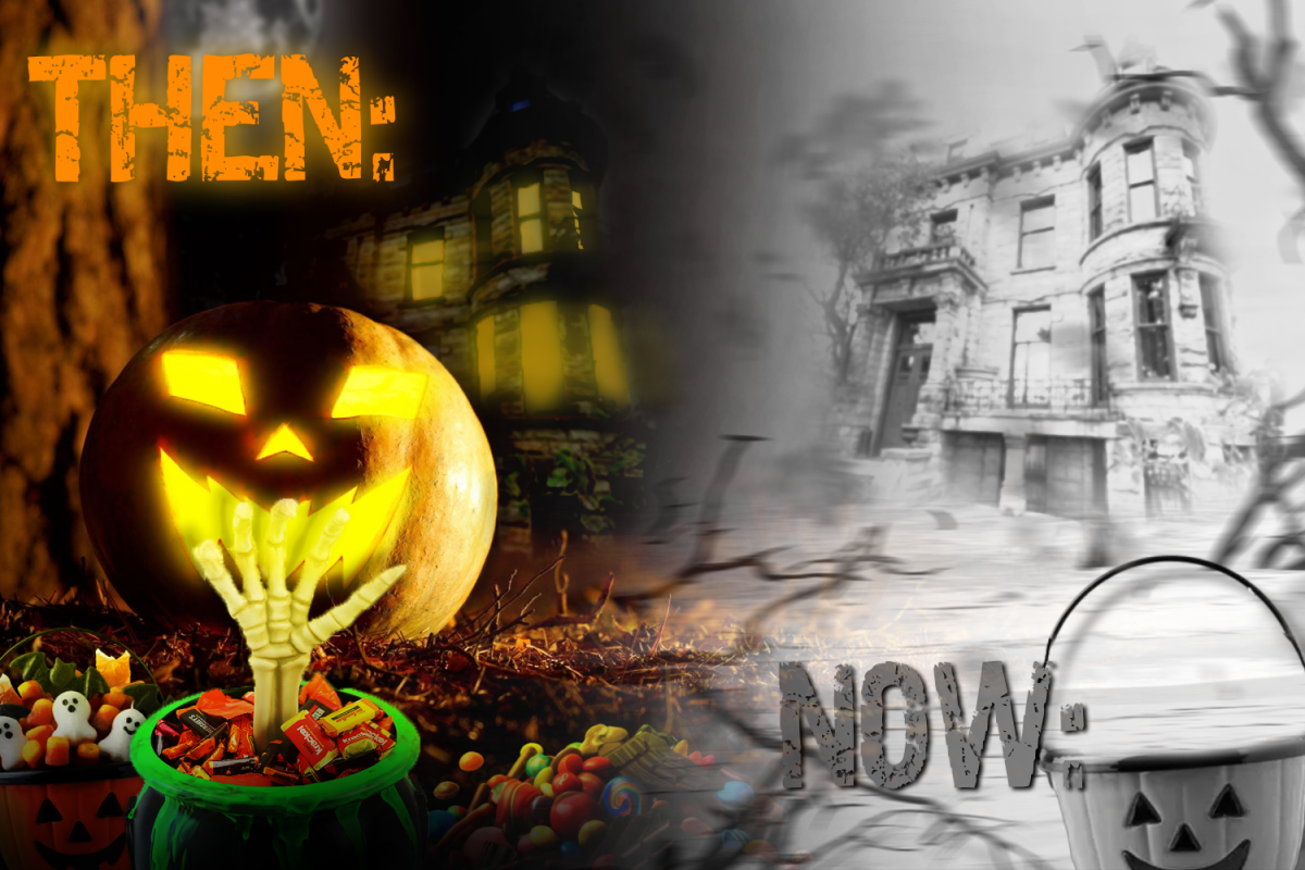 A photo describing a correlation of what Halloween once was, showing a colorful and decorative Halloween background and a bucket of delish candy on the side. Next to it, it shows the opposite and the gloomy disappearance of what Halloween “once was,” but displaying an empty bucket and an undecorated background.