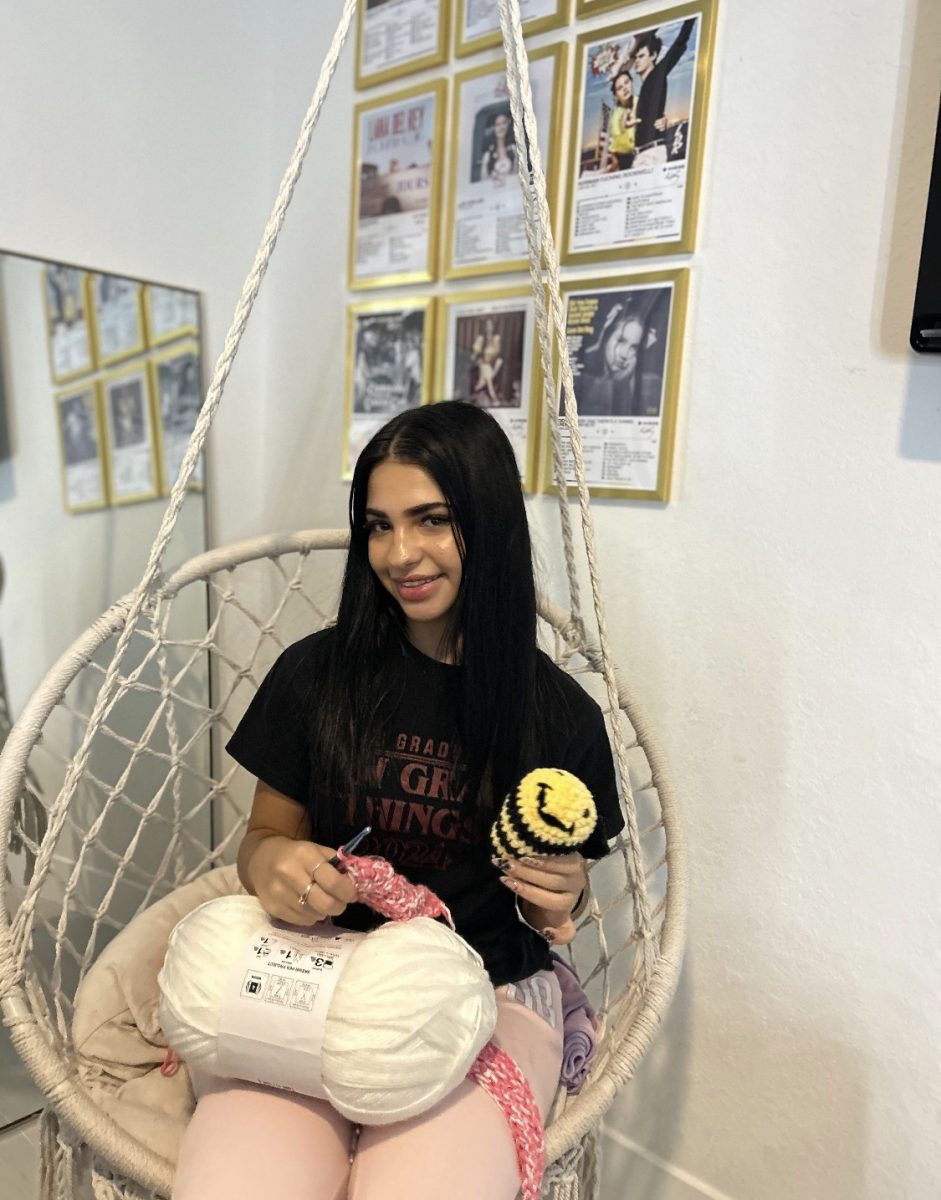 Staff writer, Sophia Zernicki holding a self-made crochet bee and a couple balls of yarn. With these creations, she's been able to fall more in love with crochet and continue to diversify her crochet designs.