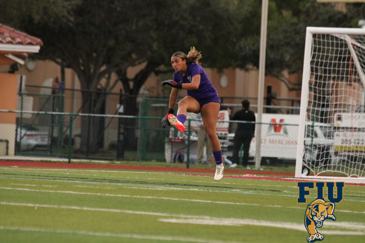 Lady Jags soccer team captain and FIU commit Madison Casanova as she kicks off the ball as a goalkeeper in her first last high school home game during her senior season.