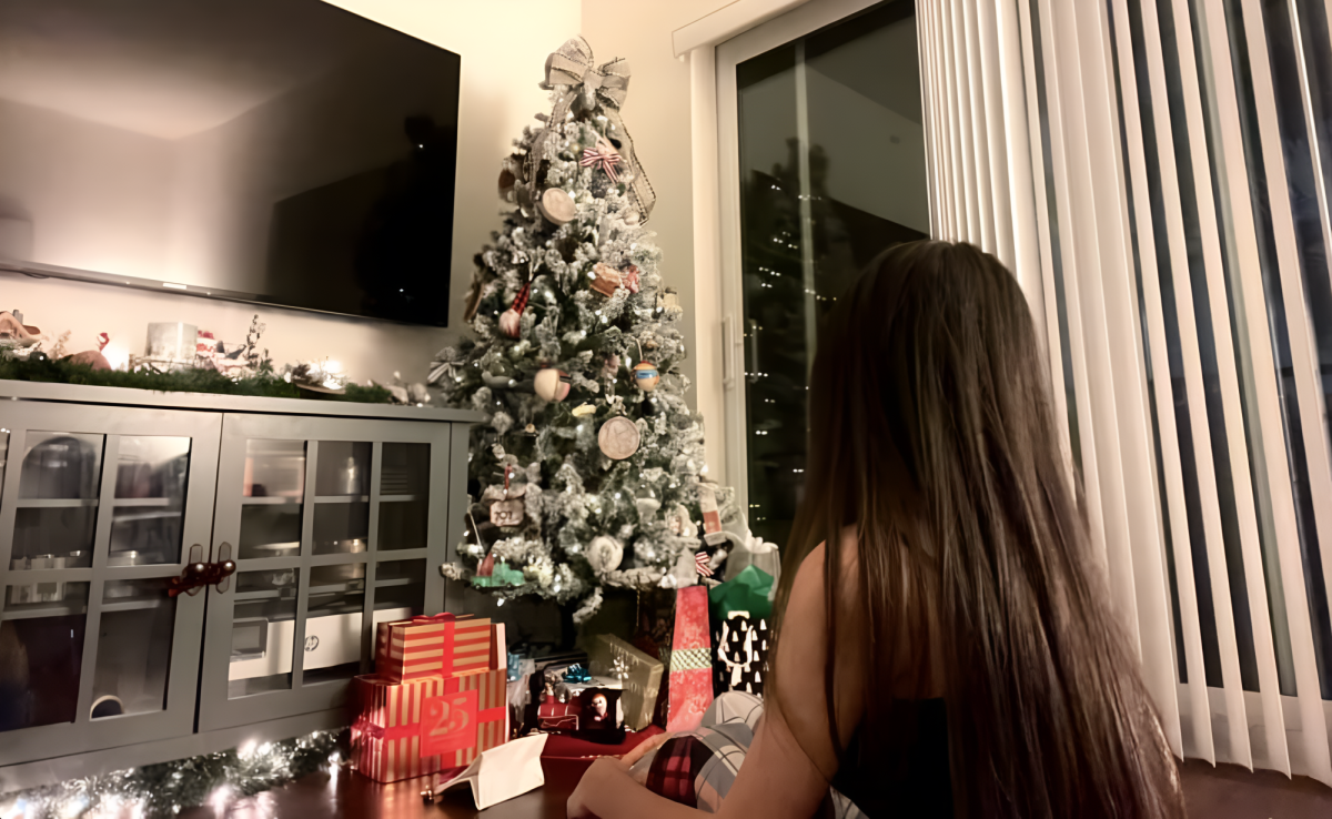 Junior Loraine Sanchez-Figueroa sitting in front of her lit up Christmas tree, thinking, and wondering about the holiday. The story resembles the true meaning behind how an opinion or feeling can change so quickly after something gets ruined. She sits in front of her Christmas tree, a bit nervous, maybe even a little bit scared, but still trying to overcome her continuation of doubt and overall bring the holiday to what it's always been known for: cheer, family, and rebirth.