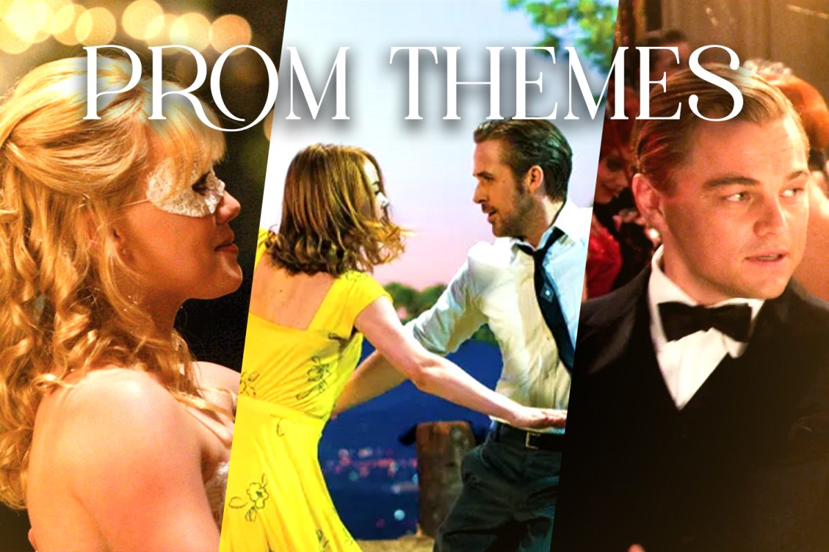 A collage headed by the title "Prom Themes" shows popular themes like a masquerade ball, La La Land, and The Great Gatsby. Graphic uses images from beyondmasquerade.com, billboard.com, and usatoday.com.