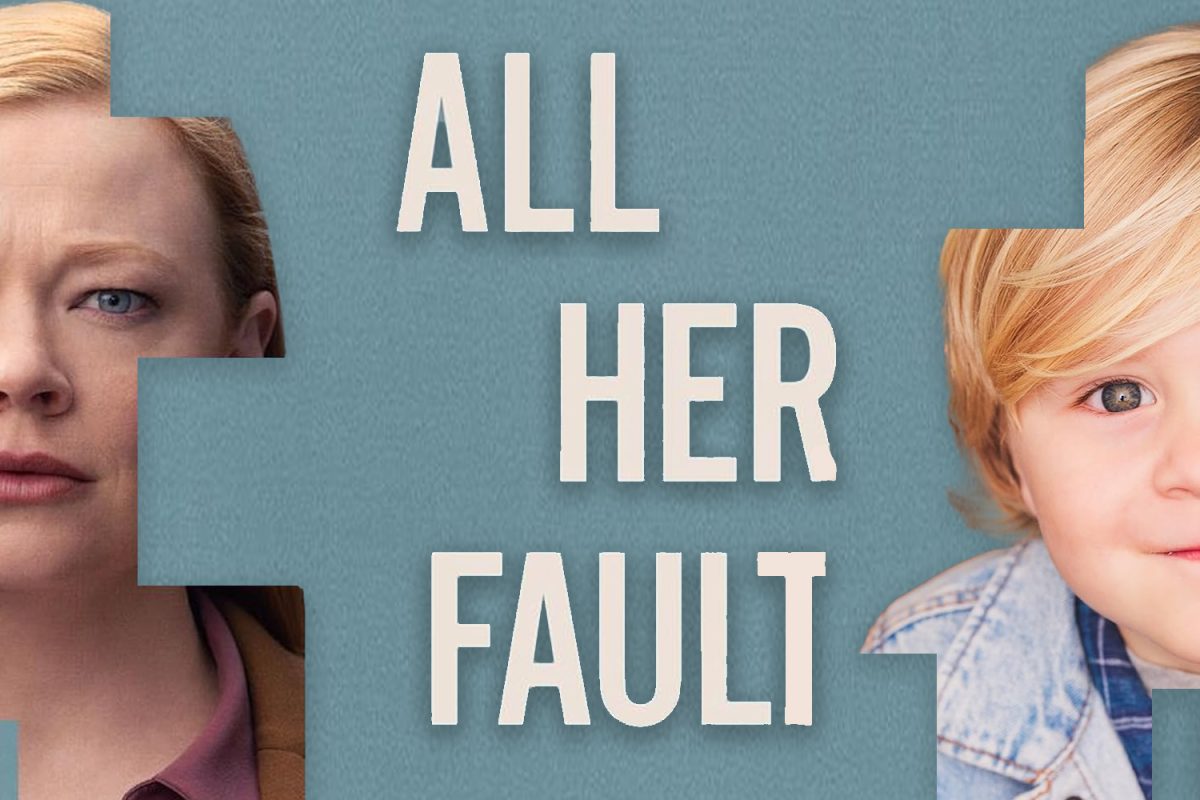 Marissa Irvine and her son, Milo Irvine, posed behind their title card. Their differing facial expressions create a contrast between the two, emphasizing the mysterious and cynical themes within the show.