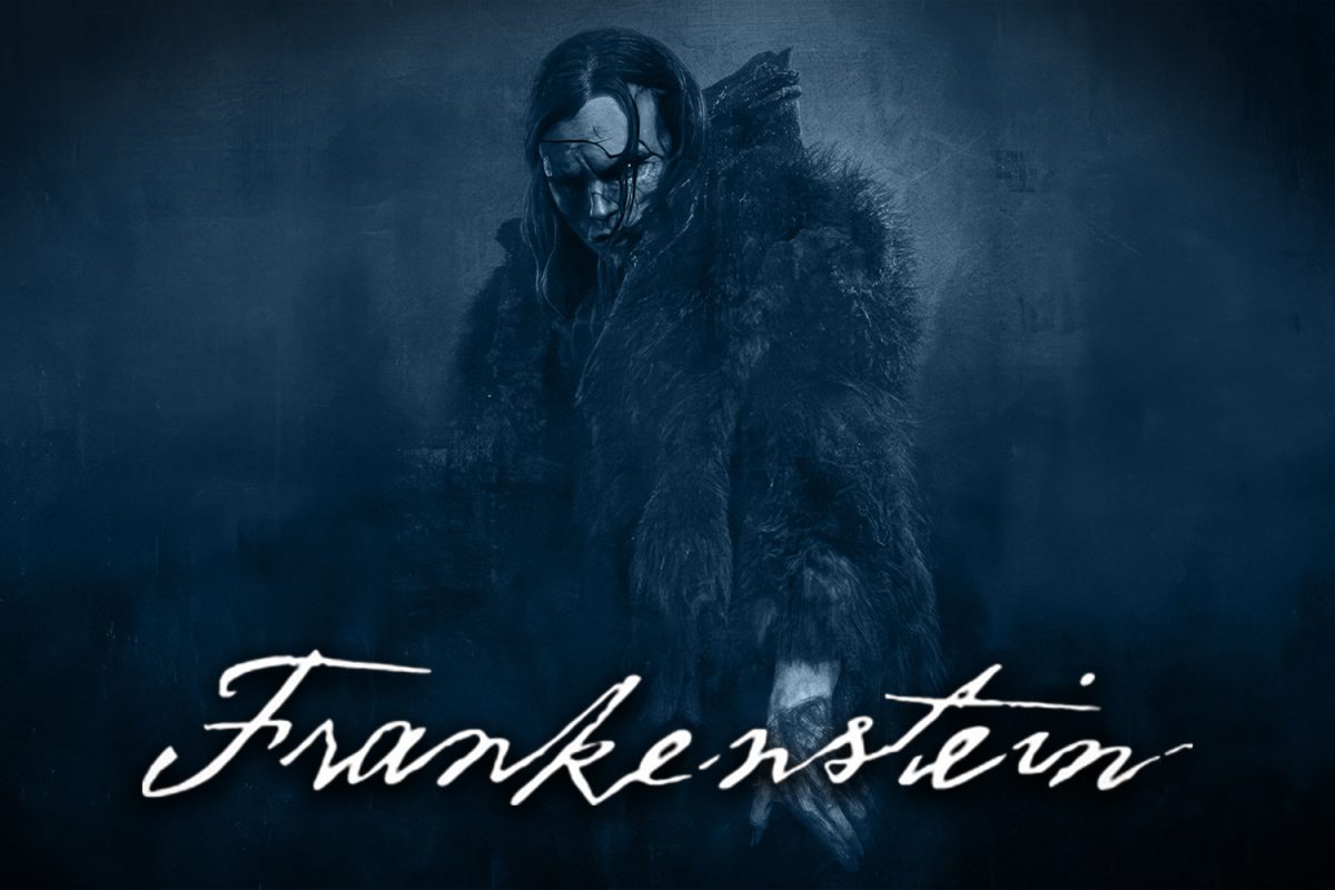 Frankenstein standing behind his title card, giving an ominous and unsettling tone. The photo of consisting of fog and chalky hand writing to give the gothic and dark look that the movie portrays.