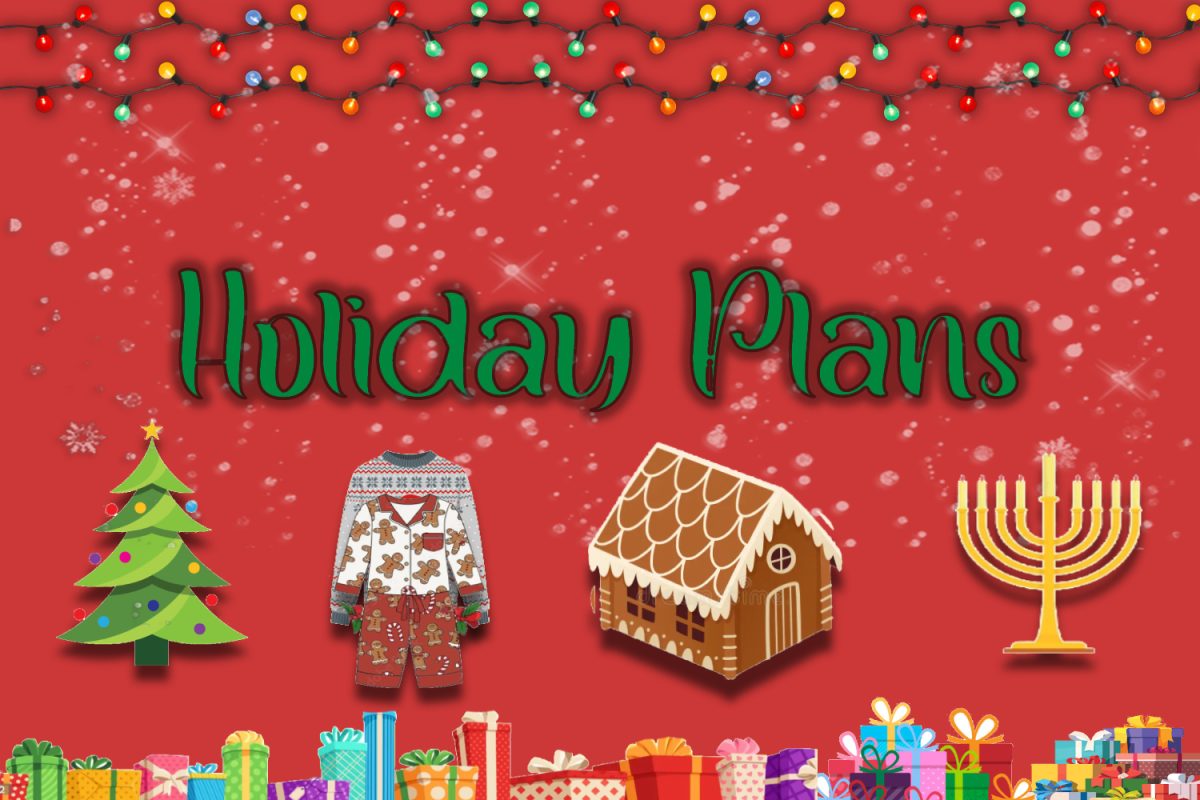 A festive image is decorated with lights, presents, and other symbols of the holiday season. However students are celebrating Winter Break, we hope their holiday plans include fun and rest. Graphic uses elements from vecteezy.com, istockphoto.com, stock.adobe.com, pngimg.com, dreamstime.com, and shutterstock.com.