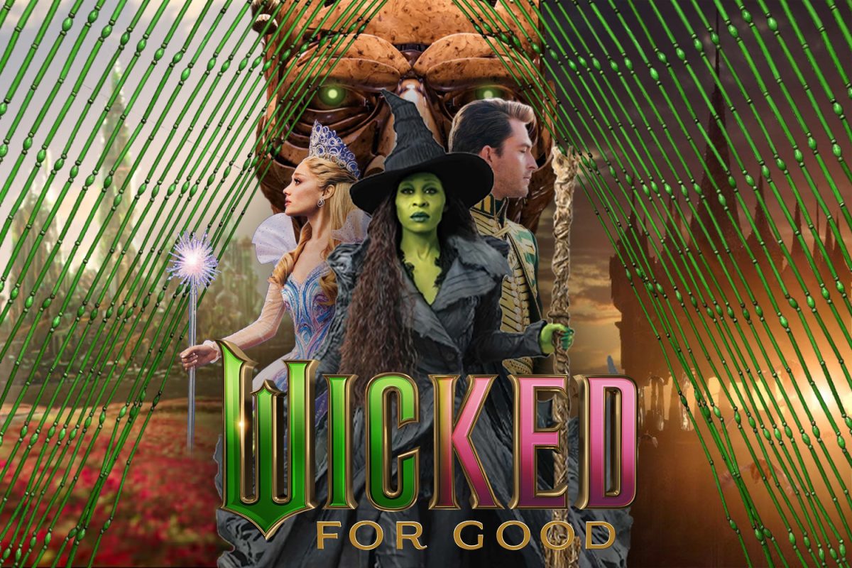 Glinda, Elphaba, and Prince Fiyero posed behind their title card. Standing triumphantly behind Oz, their confident aura highlights the themes of resilience in a powerful land.