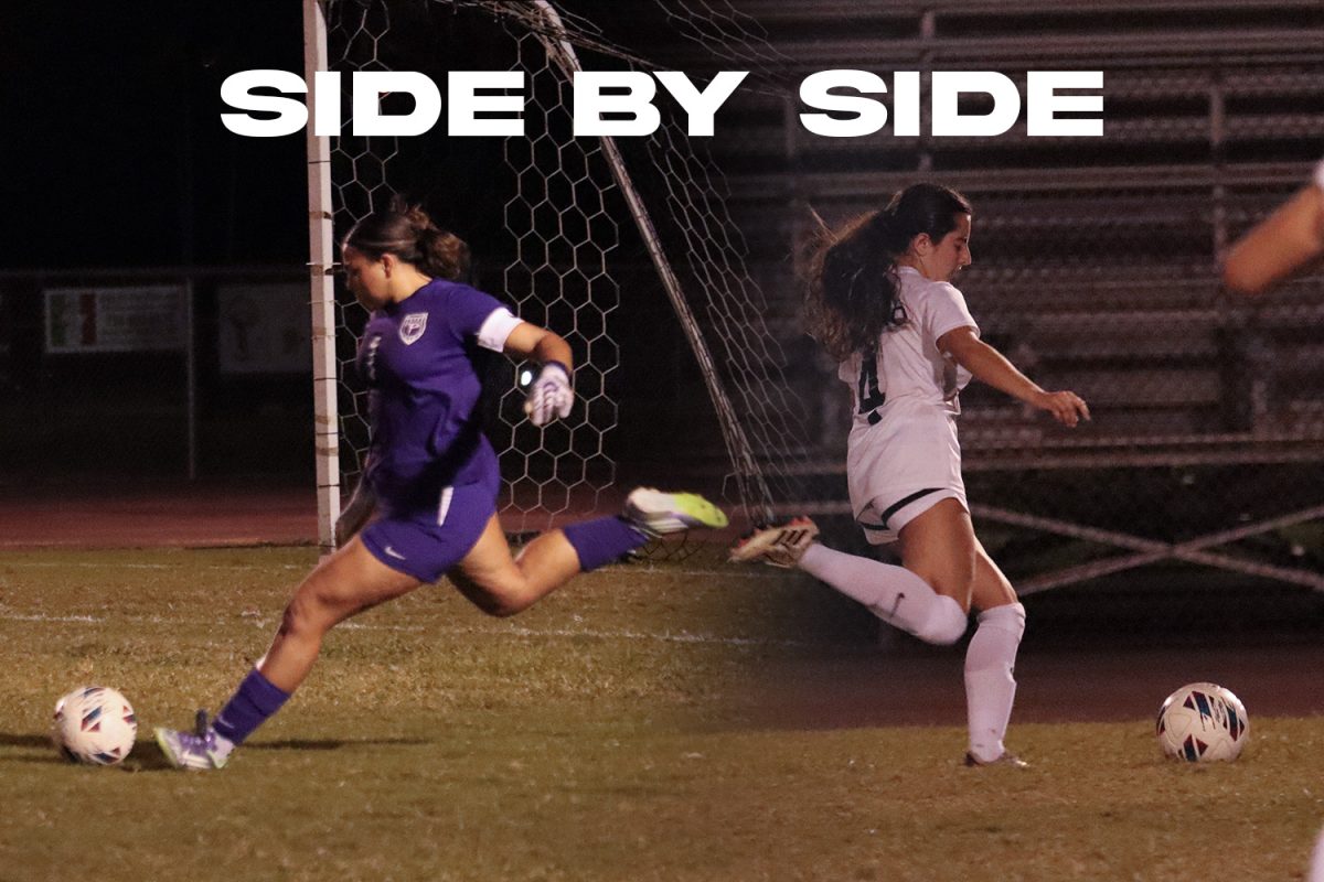Seniors Madison Casanova and Catalina Castro playing together as captains of their high school team against Cypress Bay High School aiming for a win.
