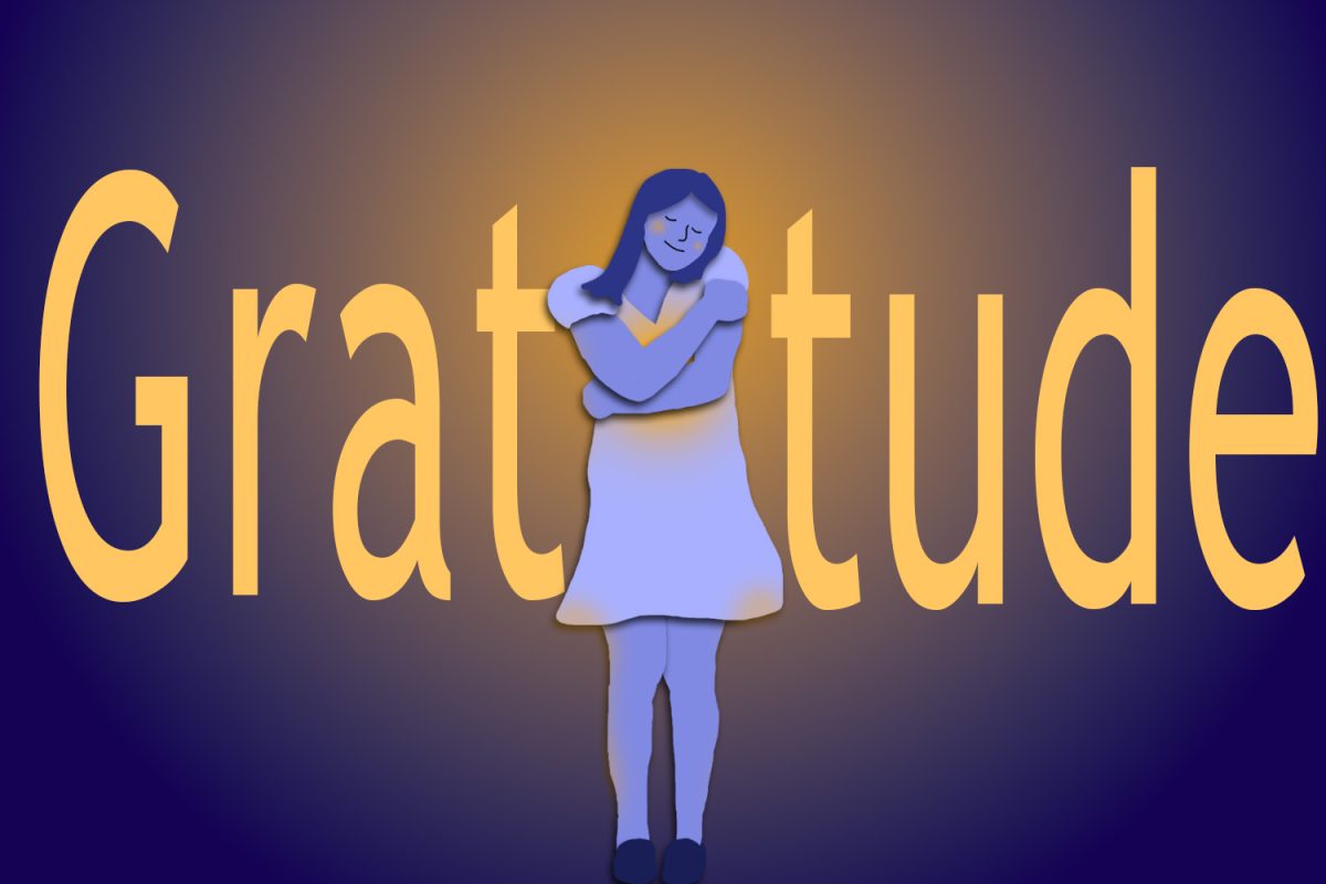 A graphic highlighting a figure hugging themselves, giving off the image of self-gratitude and care. The story highlights the necessities of self-care and being able to move past other troubling situations with the help of things like gratitude, family, friends and others. 