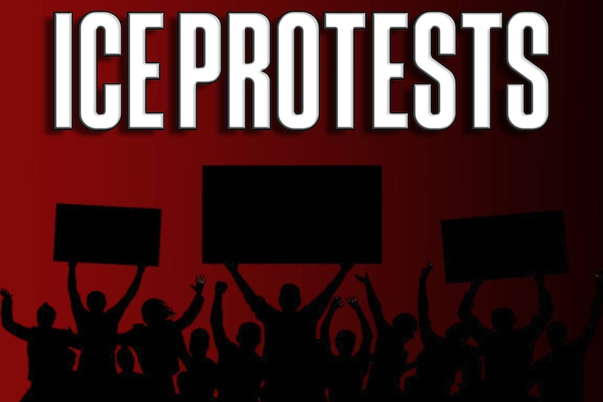 A silhouette of numerous protestors raise signs because of the recent ICE controversy. Many different protests are taking place in various states, such as Minnesota and Arizona.