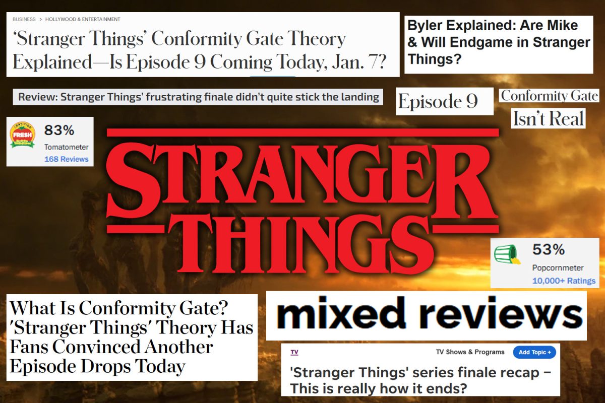 The Stranger Things logo surrounded by mixed reviews and theories. This is after the final season of the show aired, leaving fans wanting more.