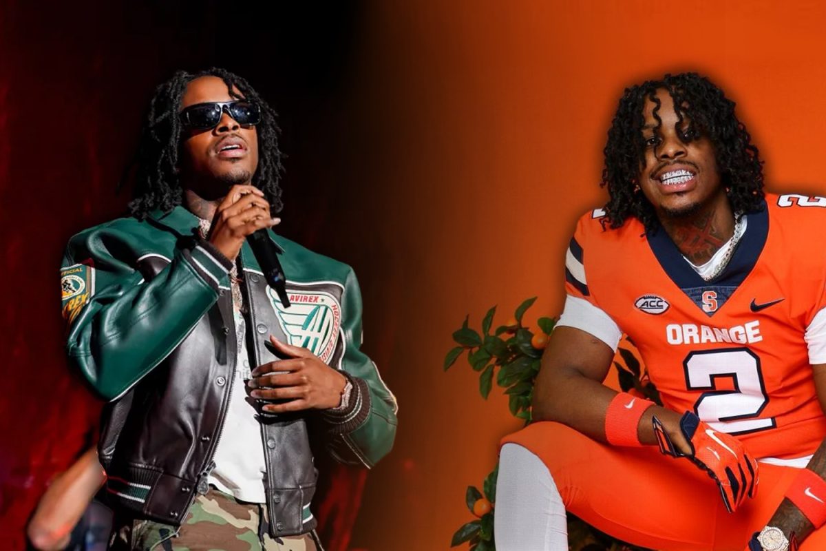 Famous rapper and singer, Toosii on both sides of the graphic. On the left he is featured singing at a concert, while on the right he is posing for a picture for his commitment announcement to play football Syracuse University, a Division 1 school.