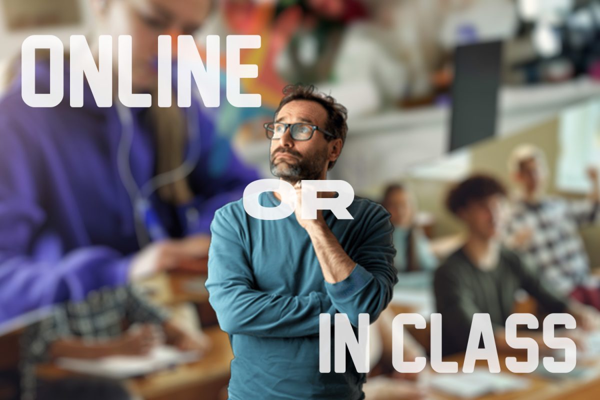 A graphic showing off whether online classes or in-person classes are a better choice for students. The story highlights a first-person point of view of whether online or in-person works well for them. It gives the idea that students can become known with how to properly balance school work and other things as well.