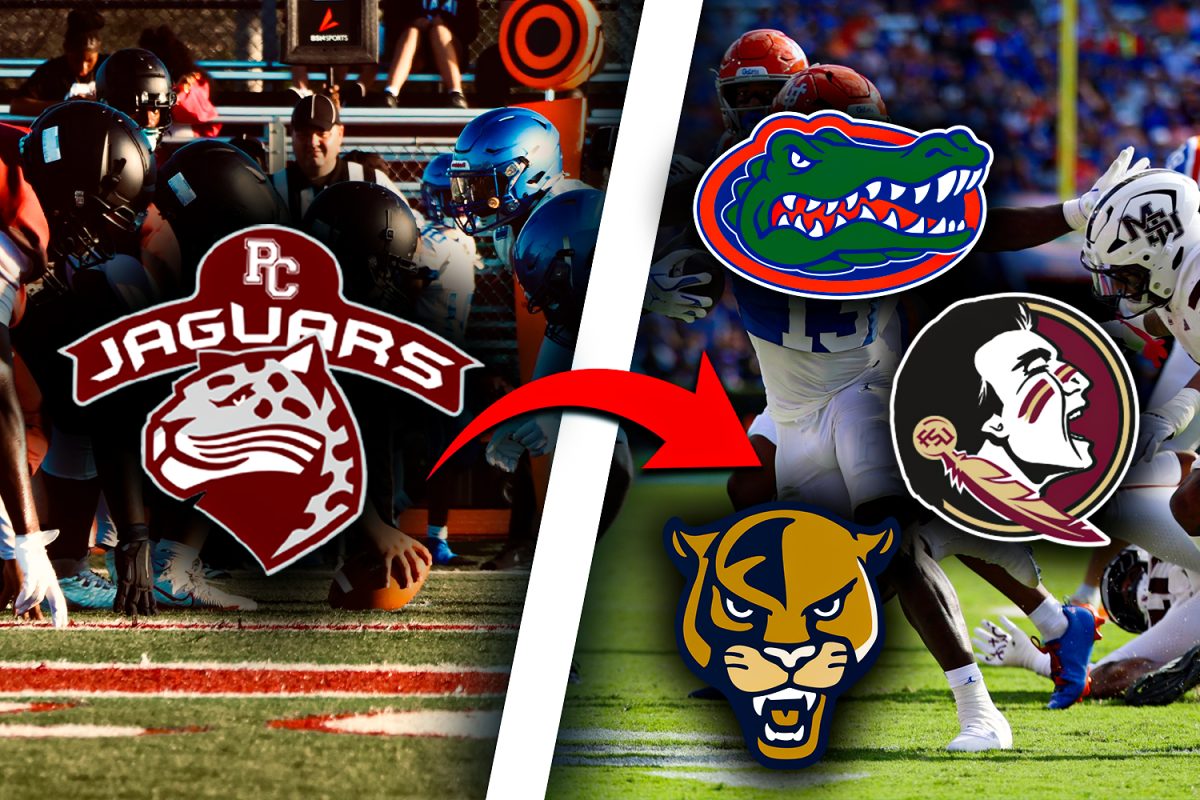 The Jaguar's football team behind a PPCHS logo alongside a photo of a college football game behind Florida university logos. This symbolizes the recruiting processes' and the athlete's decision on their future college.