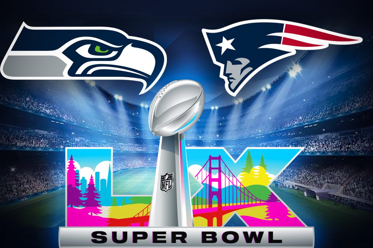 A graphic of the logos of the Seattle Seahawks (left) and the New England Patriots (right) above the Superbowl LX logo.