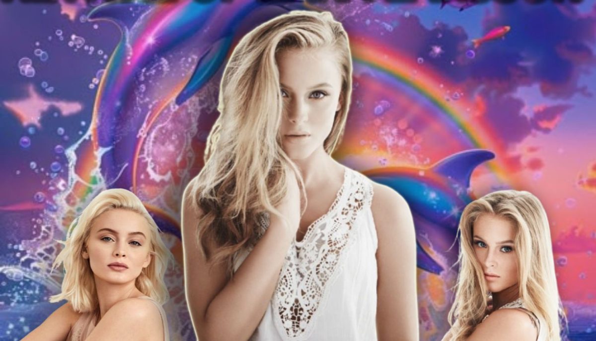 Popstar Zara Larsson is pictured in front of the meme that revived her career. The bright, colorful atmosphere mirrors Larsson's rebranding from a Y-2k vibe to a creative, dolphin aesthetic.