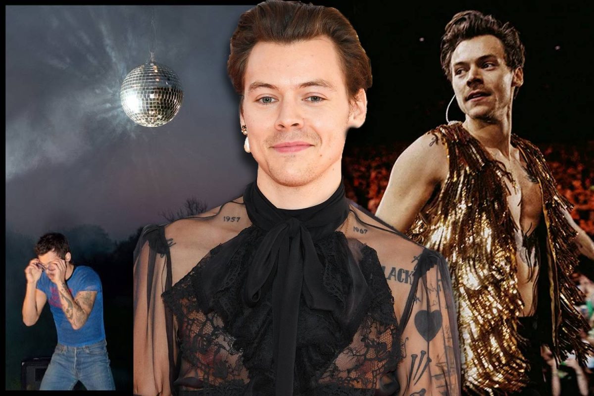 A collage of Harry Style pictures, one of them being the cover of his latest song release: "Aperture." His bold outfits and electric demeanor compliment his upcoming era filled with healing, positivity, and growth.
