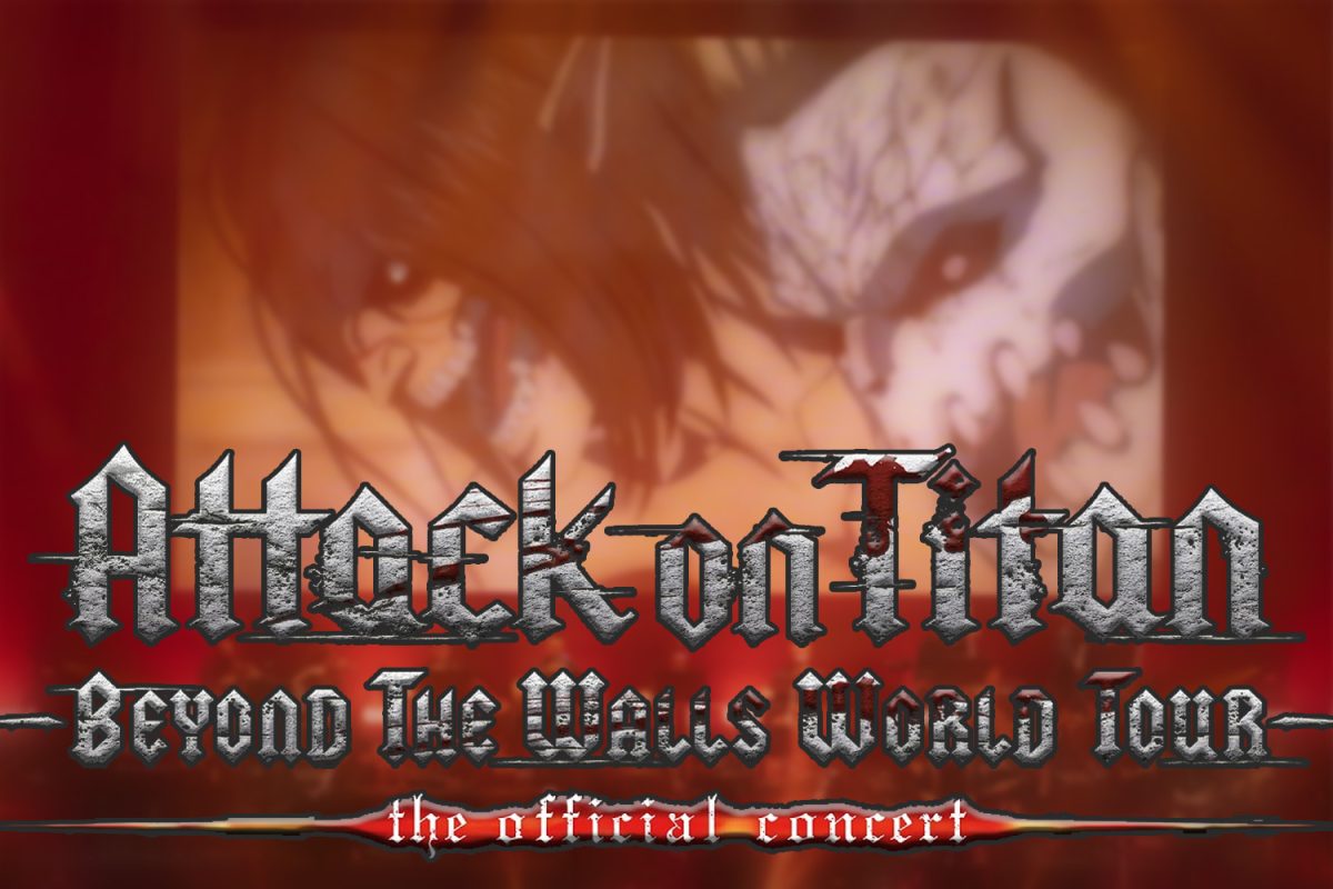 The Attack on Titan orchestra in the background, with scenes from the show playing on the screen overhead.
