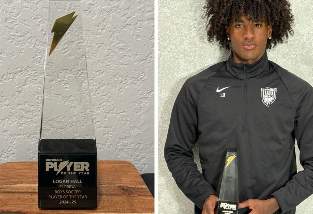 PHOTO 1_ Alum Logan Hall poses with his Gatorade Florida Boys Soccer Player of the Year award, a recognition that now hangs in Charter’s gymnasium. The honor reflects not only his individual success, but t
