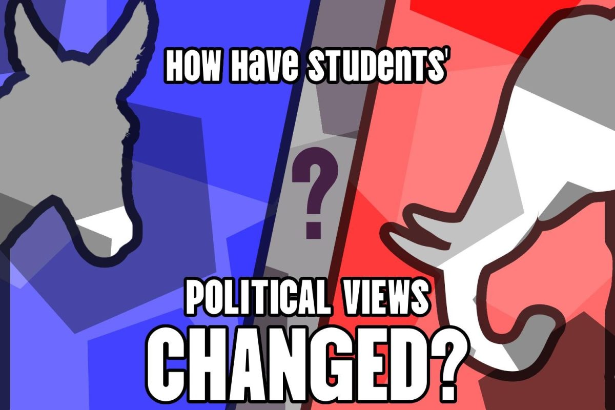 A donkey and an elephant, representative of the Democratic and Republican parties, respectively, are positioned opposite each other with a gray area in the middle. Whether students' views have become more liberal, conservative, or neutral, the Trump administration has undoubtedly changed their political perspectives.