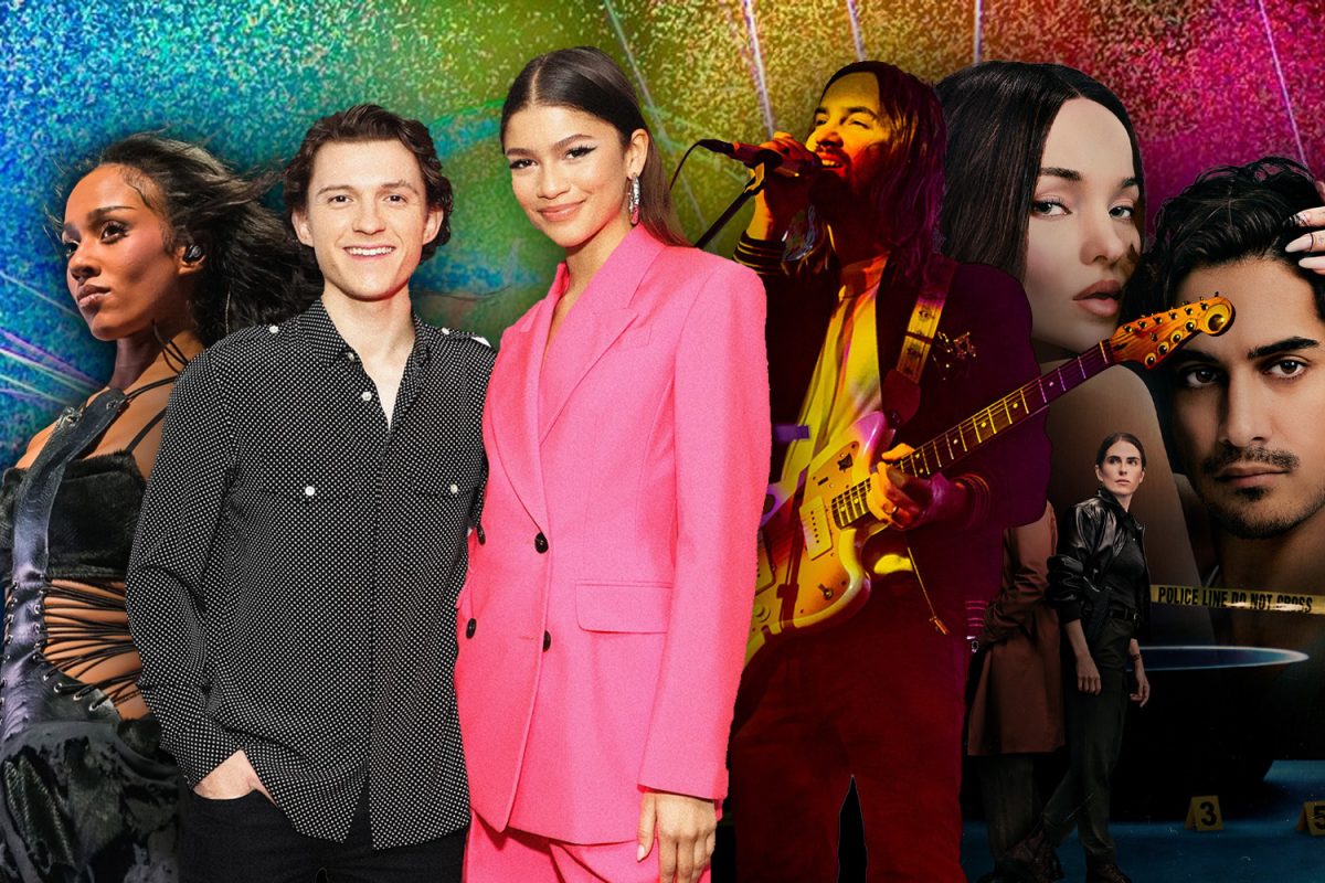 Various pop culture icons, such as Zendaya and Tame Impala, pictured on a colorful background. The past few weeks have been filled with various headlines involving them, like Tame Impala's tour and Zendaya's marriage.