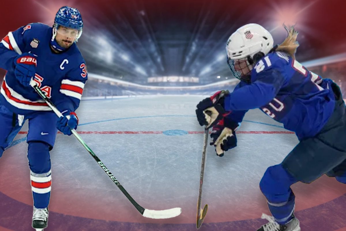 A male (left) and a female (right) professional hockey player in full gear battling for the goal.