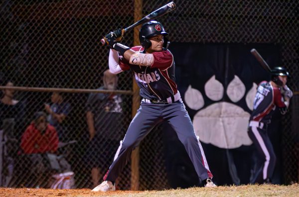 Sophomore Cyrus De Jesus holding his bat in the batters box waiting for the pitcher to throw the ball.