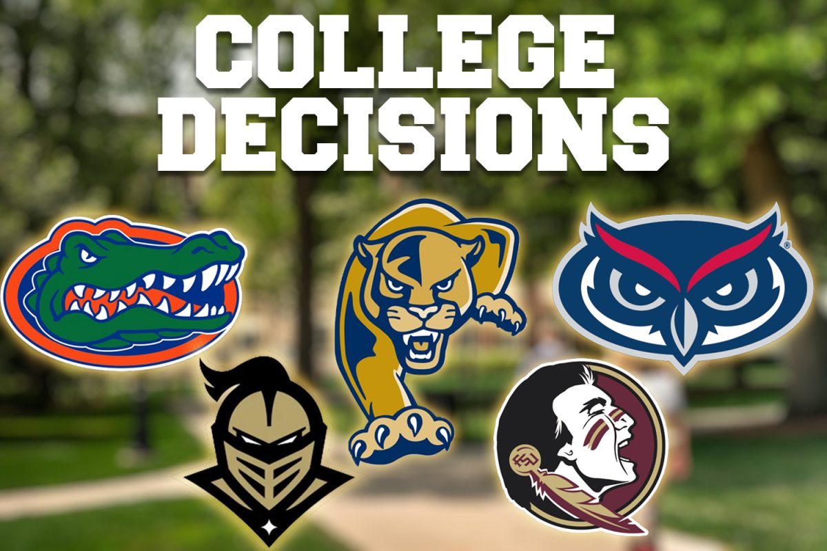 A collage of in-state college decisions includes the University of Florida (UF), Florida International University (FIU), Florida Atlantic University (FAU), the University of Central Florida (UCF), and Florida State University (FSU). Throughout the year, PPCHS seniors commit to schools across the state in their next step towards their future.