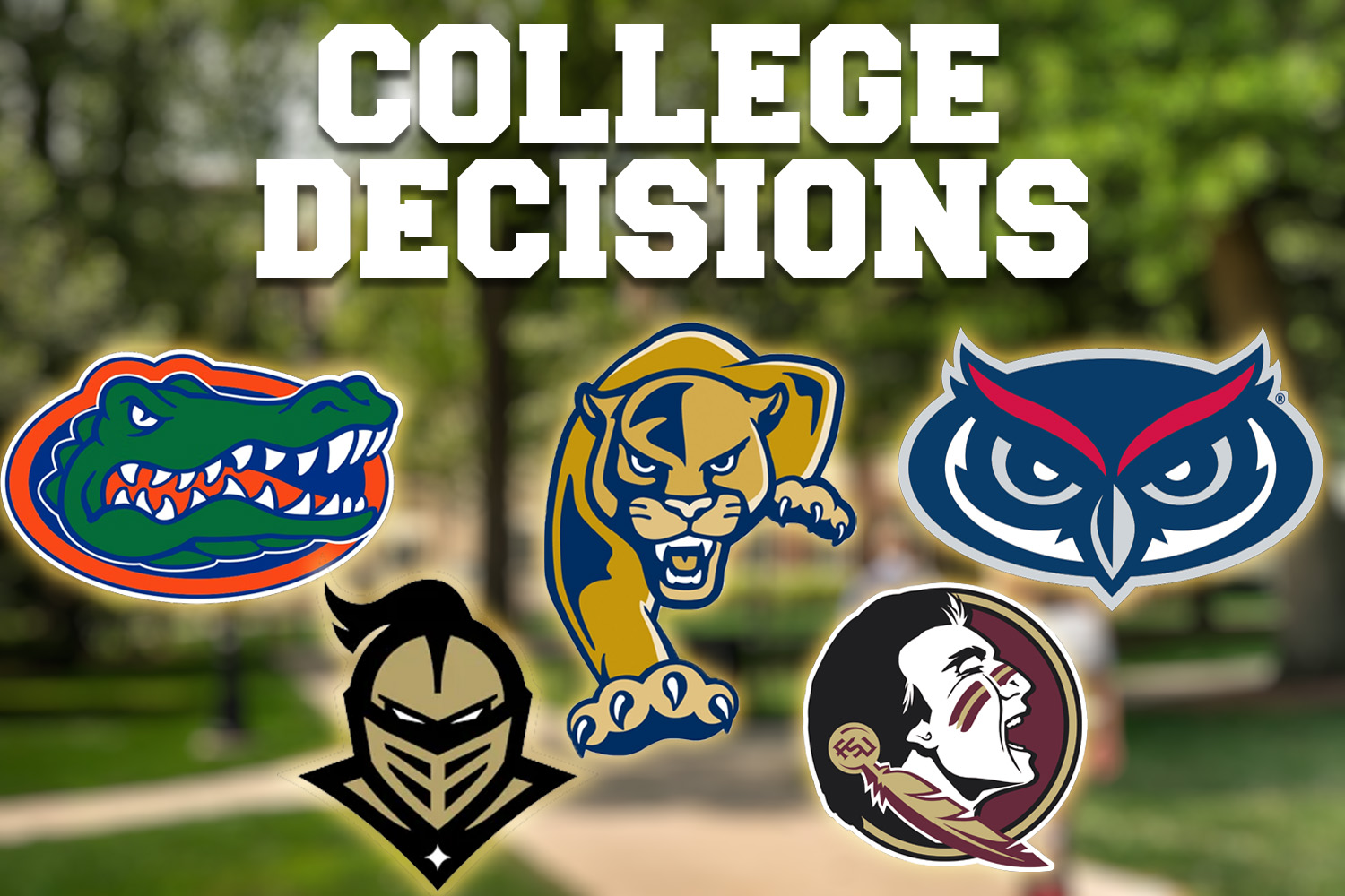 A collage of in-state college decisions includes the University of Florida (UF), Florida International University (FIU), Florida Atlantic University (FAU), the University of Central Florida (UCF), and Florida State University (FSU). Throughout the year, PPCHS seniors commit to schools across the state in their next step towards their future.