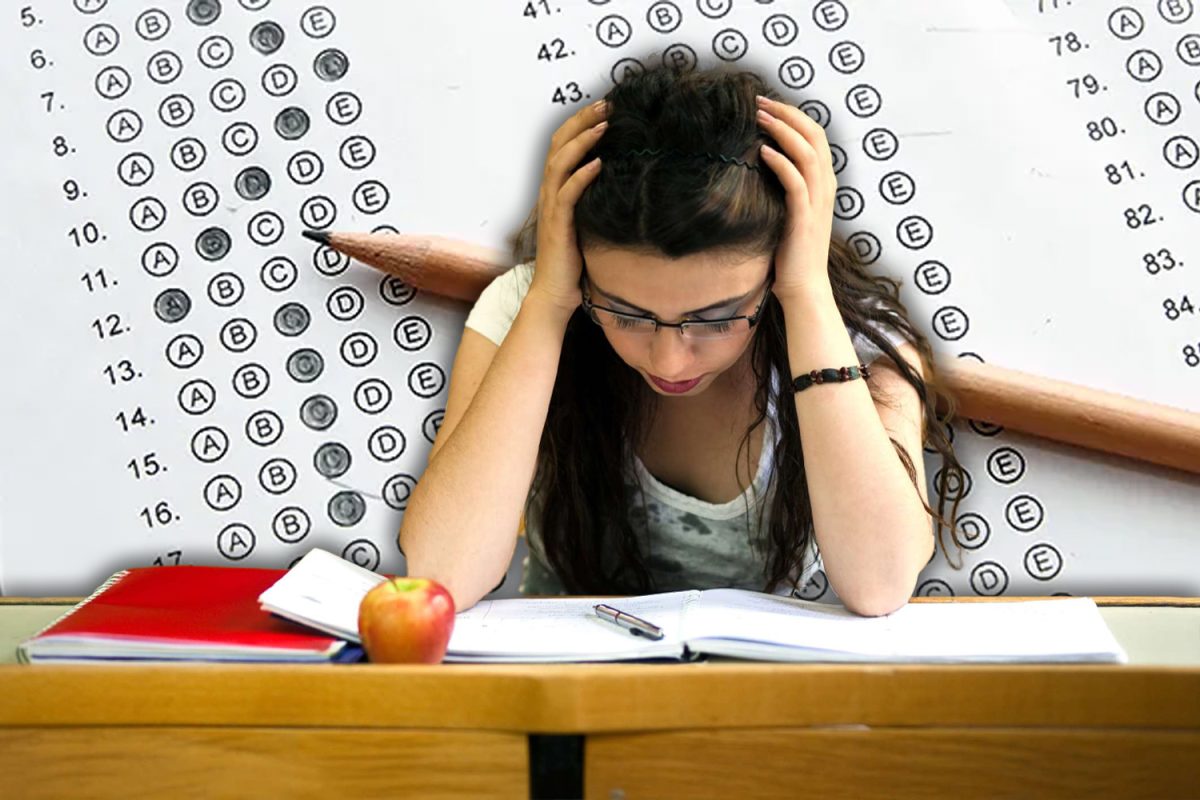 Graphic highlights the rough patch of taking tests and feeling stressed out when trying to concentrate.
