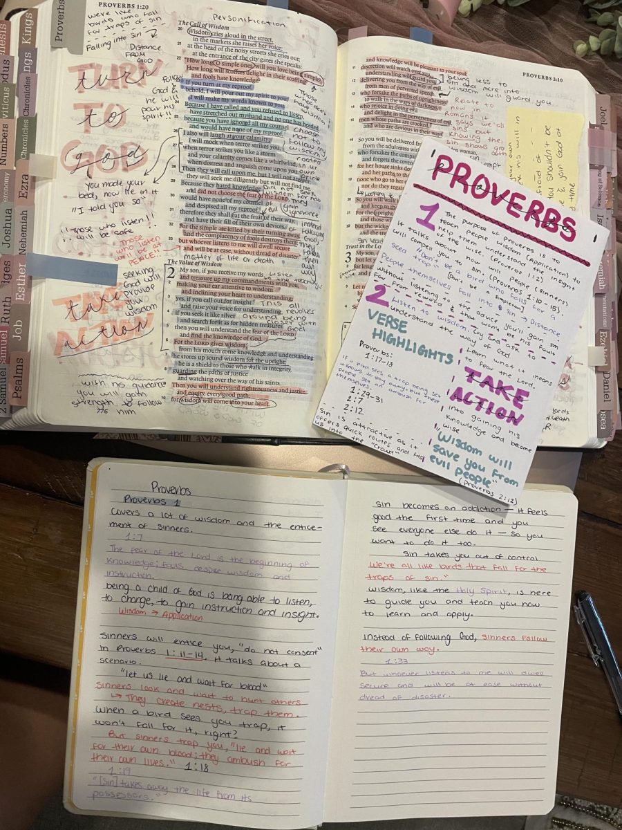 Loraine’s set-up for her Bible studies: her ESV translated Bible, a separate journal to write additional notes & thoughts, and small card stock papers to mad chapter summaries.