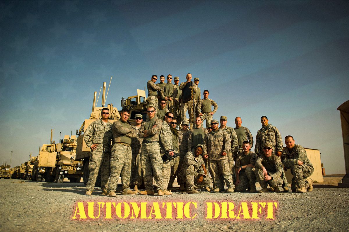 A group of soldiers with the text automatic draft on the ground in front of them. The rumored revival of the American draft may see young men, even high school seniors, be put into the military in order to prep for war.