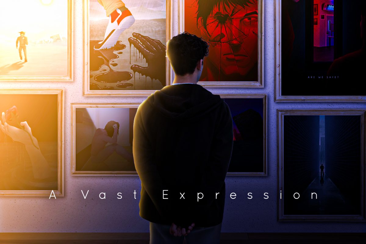 Justin Betancourt stands in front of eight pieces of art that he is most proud of. Each piece reflects his emotions, struggles, uplifting moments, and most importantly, his passion. The graphic uses the following artworks he’s created: ‘Walk Off The Infection’, ‘Are We Safe?’, ‘Broken’, ‘Lurking in Sorrow’, ‘The Weight of White’, ‘Love Prevails’, ‘Lone Hunter’, and ‘The Void Beneath The Future’.
