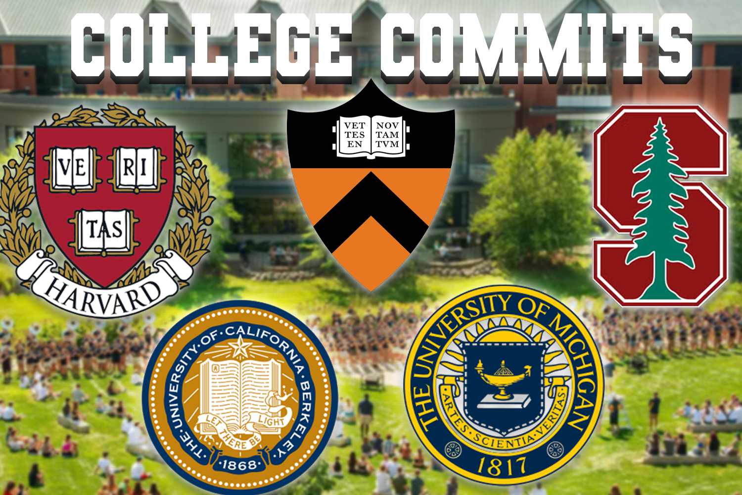 Various university logos dot an image of students on a college campus. Though a large number of Charter seniors commit to state universities, other students choose to expand their horizons beyond Florida.
