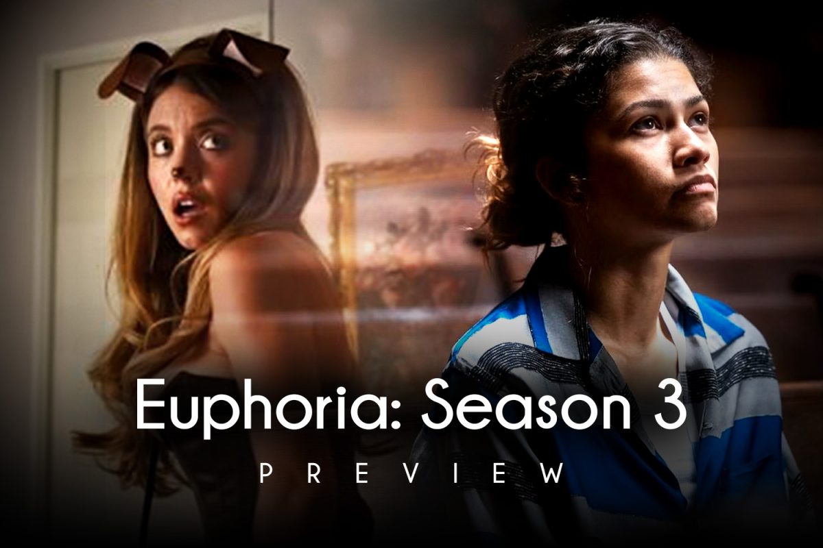 Rue Bennet and Cassie Howard pictured with the Euphoria season 3 title. The differing outfits and emotions displayed on their faces reflect the emotional toll they face due to their intense plot lines.