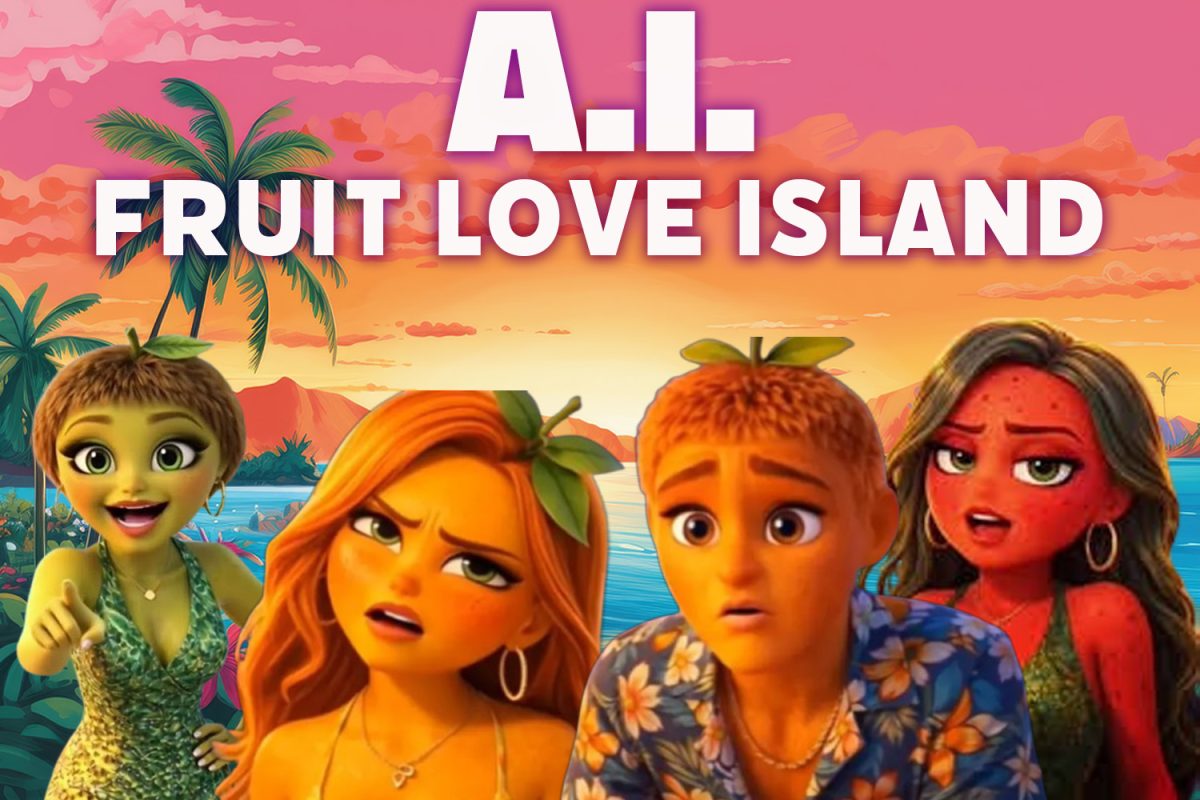 Four of the "Fruit Love Island" characters pictured with a tropical landscape in the background. Their various facial expressions reflect AI's interpretation of human emotion and vulnerability within the original show, "Love Island."