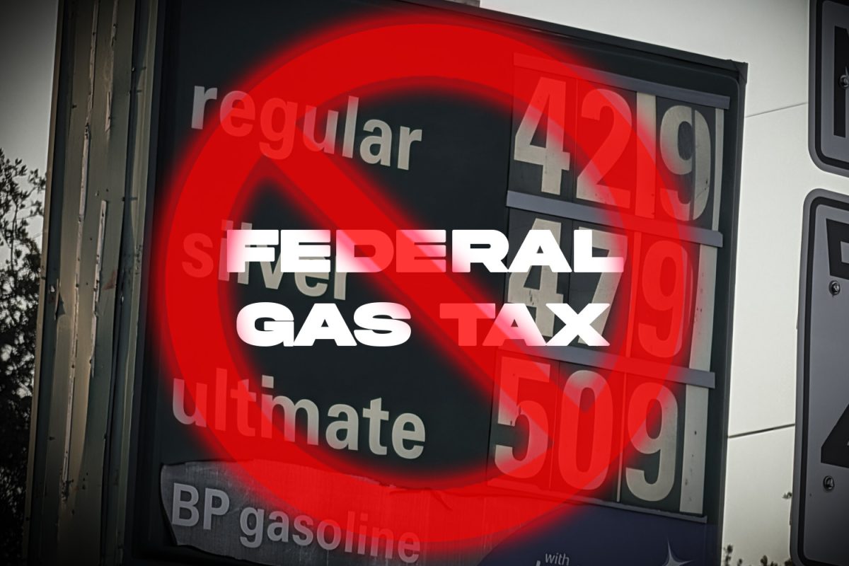 The words "federal gas tax" being crossed off in front of incredibly high fuel prices, signifying the possibility of the federal gas tax being suspended. This is one of many ways the government has tried to provide relief to American citizens among the start of the war with Iran.