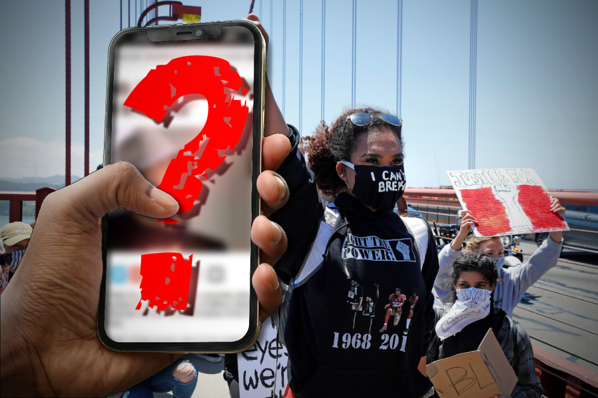 On the left, a phone with a question mark is shown, highlighting the unreliability of social media. On the right, protestors hold up signs,  underscoring how the media can influence your actions in the real world.

